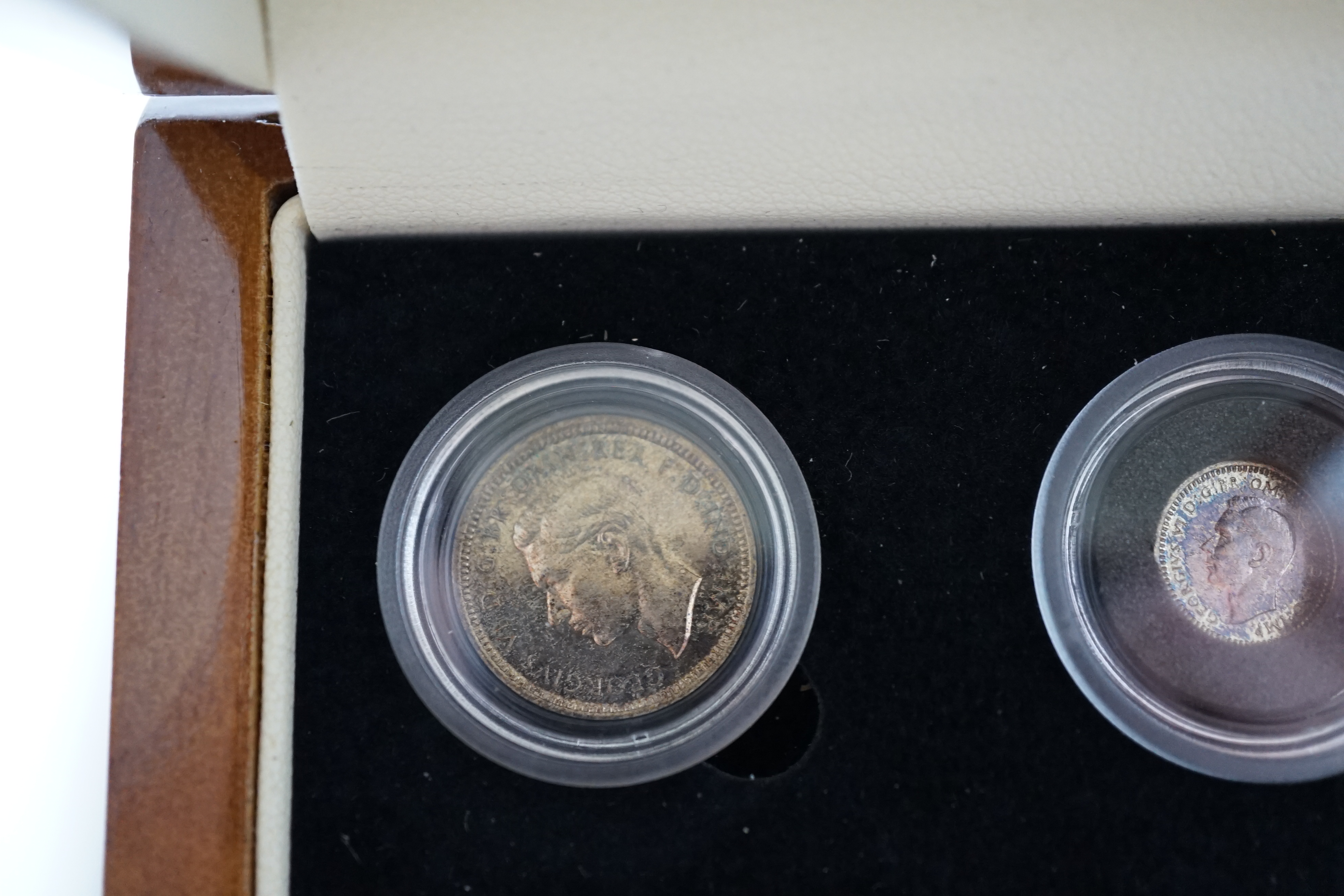 British silver coins, George VI four coin set of Maundy coins, 1939, toned UNC, in London mint case